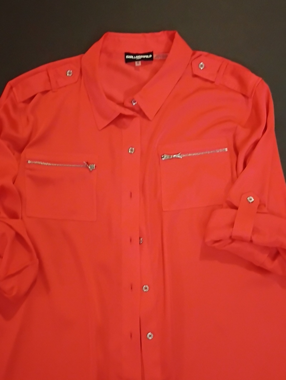 Karl Lagerfeld Womans Bright Orange Button-Down Shirt with Zip Pockets